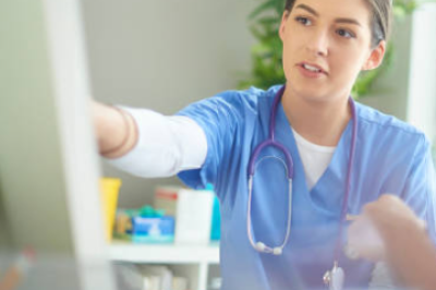 Nurse pointing to screen.